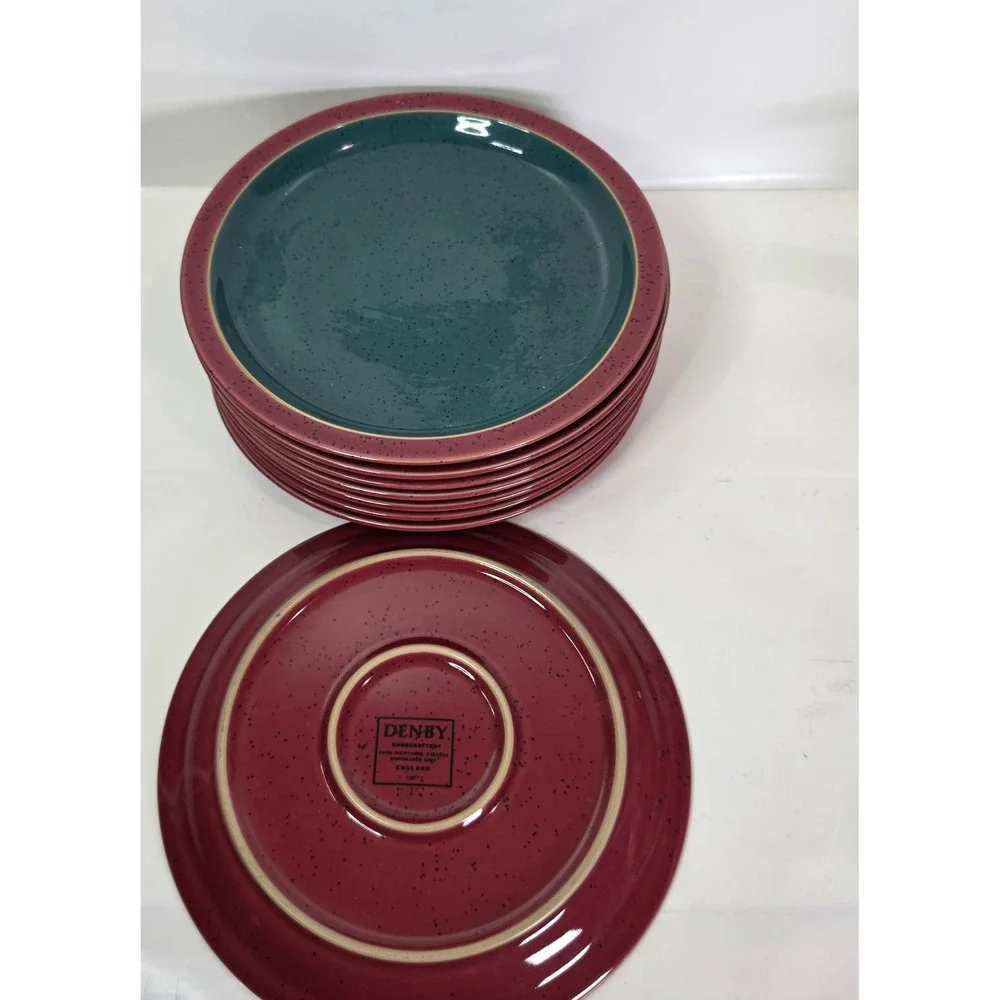 Denby Harlequin 16 Pc Dinnerware Set 8 Dinner 8 Salad Plates Red Teal Blue Mint
